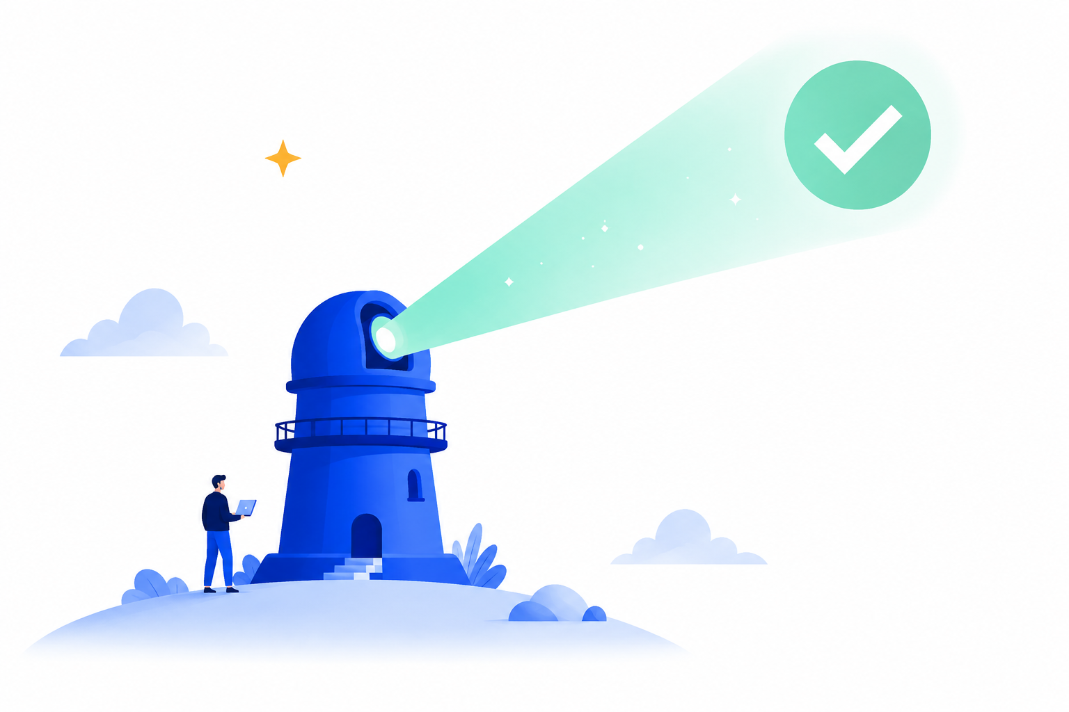 A blue beacon illuminating a green checkmark, representing website reliability