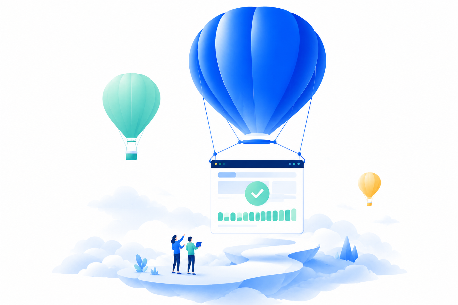 Blue and mint balloons lifting a website above the clouds